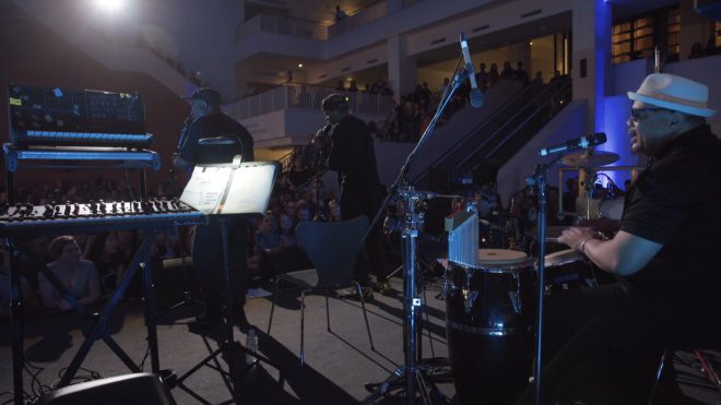 The Last Poets perform to the audience at the British Library.