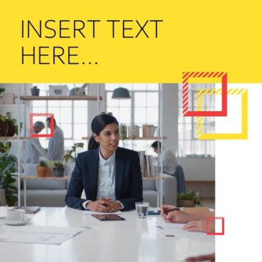 woman in office sits in smart attire in a meeting, a yellow graphic fills the top of screen. It says 'insert text here...' It was made to promote mediorite's get seen on socials social media packages for clients
